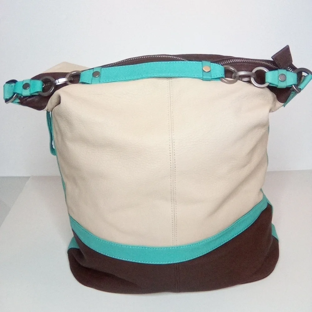 Kenneth Cole Women's Cream, Brown & Teal Hobo Handbag, Preowned, Genuine Leather